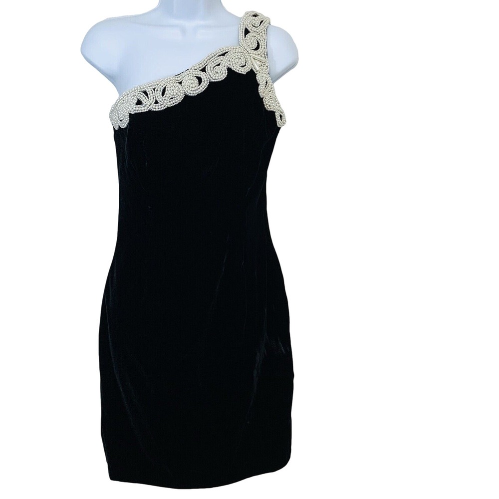 Vintage Jessica McClintock Black Velvet Beaded One Shoulder Dress 7 Feminine USA